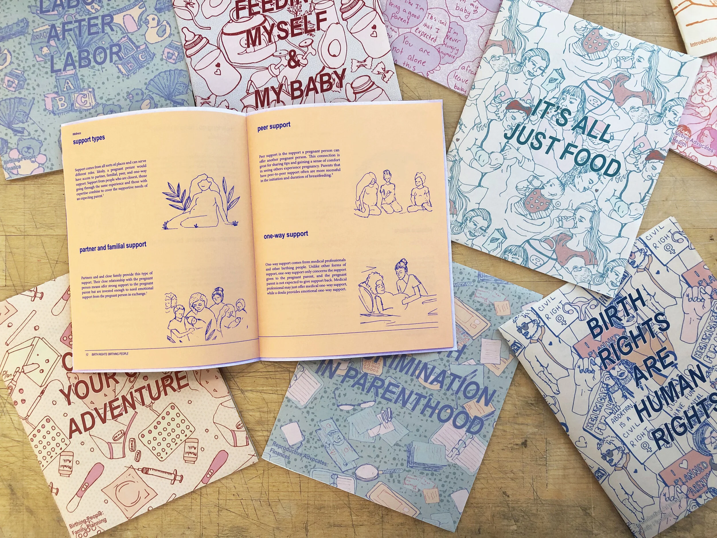 The full zine collection spread out, with one zine open
